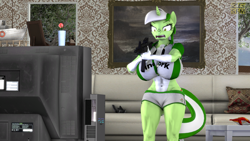 Size: 3840x2160 | Tagged: safe, artist:zgsfm, oc, oc only, oc:baetica castanets, unicorn, anthro, 3d, andalusia, angry face, boat, chips, coat markings, controller, couch, female, flower, food, gun, horn, living room, m4, mare, muscles, painting, picture, pillow, playstation, playstation 2, real betis, socks (coat markings), solo, spain, table, television, tree, weapon
