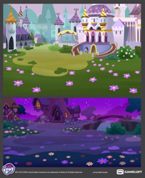 Size: 2482x3040 | Tagged: safe, artist:vladisfender, gameloft, g4, my little pony: magic princess, official, bridge, canterlot castle, concept art, flower, golden oaks library, high res, my little pony logo, night, no pony