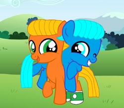 Size: 2292x2008 | Tagged: safe, artist:memeartboi, earth pony, pegasus, pony, g4, best bros, best brother, best friends, bff, brothers, buddies, carrying, clothes, colt, cute, darwin watterson, duo, duo male, family, foal, grass, grin, gumball watterson, happy, looking at each other, looking at someone, male, one eye closed, ponified, siblings, sky, smiling, smiling at each other, socks, standing, the amazing world of gumball, wink