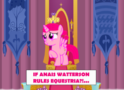 Size: 2488x1816 | Tagged: safe, artist:memeartboi, alicorn, pony, g4, alicorn princess, alicornified, alternate universe, anais watterson, child, crown, cute, daisy the donkey, discussion, female, filly, foal, horn, jewelry, ponified, race swap, regalia, smiling, solo, spread wings, standing, the amazing world of gumball, theory, throne, throne room, wings