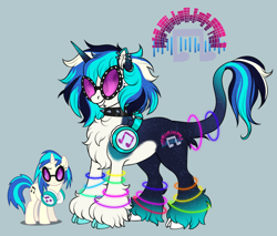 Size: 1280x1092 | Tagged: safe, artist:malinraf1615, dj pon-3, vinyl scratch, classical unicorn, pony, unicorn, g4, alternate accessories, alternate coat color, alternate cutie mark, alternate design, alternate hairstyle, alternate mane color, alternate tail color, alternate tailstyle, bracelet, chest fluff, choker, cloven hooves, colored, colored ears, colored hooves, colored horn, ear fluff, ear piercing, earring, flat colors, glasses, glow bracelets, gradient horn, gradient legs, gray background, headphoes, headphones, hooves, horn, jewelry, leonine tail, lip piercing, messy mane, mismatched hooves, multicolored hooves, multicolored mane, multicolored tail, piercing, redesign, reference used, simple background, solo, sparkly legs, sparkly tail, spiked choker, tail, tail bracelet, tail fluff, two toned coat, unshorn fetlocks, vinyl's glasses, vinyl's headphones, white coat