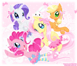 Size: 2047x1752 | Tagged: safe, artist:tinkerdolly, angel bunny, applejack, fluttershy, pinkie pie, rarity, earth pony, pegasus, pony, rabbit, unicorn, g4, animal, bow, clothes, cute, female, folded wings, horn, light pink background, mare, outfit, pink background, shoes, simple background, skirt, socks, striped socks, wings