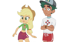 Size: 5464x3072 | Tagged: safe, edit, edited screencap, screencap, applejack, timber spruce, human, equestria girls, g4, my little pony equestria girls: better together, turf war, applejack's hat, background removed, cap, clothes, cowboy hat, crossed arms, duo, duo male and female, female, geode of super strength, hat, lifeguard, lifeguard applejack, lifeguard timber, magical geodes, male, not a vector, shorts, simple background, tomboy, transparent background