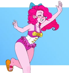 Size: 2563x2732 | Tagged: safe, artist:llama, pinkie pie, equestria girls, g4, blushing, bow, breasts, clothes, cute, diapinkes, eyes closed, feet, female, grin, hair bow, one-piece swimsuit, pinkie pie swimsuit, reasonably sized breasts, smiling, solo, swimsuit, waving