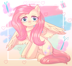 Size: 3217x2964 | Tagged: safe, artist:cattstaycool, fluttershy, pegasus, pony, g4, cute, female, gradient background, looking at you, mare, partially open wings, shyabetes, sitting, smiling, smiling at you, solo, watermark, wings