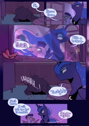 Size: 1448x2048 | Tagged: safe, artist:piesinful, princess luna, alicorn, bat pony, pony, comic:unlucky day, fanfic:cupcakes, g4, comic, dialogue, duo, duo male and female, female, male, mare, royal guard, speech bubble, stallion, sugarcube corner