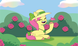 Size: 2102x1247 | Tagged: safe, artist:prixy05, posey bloom, earth pony, pony, g5, my little pony: tell your tale, adoraposey, cute, eyes closed, female, flower, happy, hat, i can't believe it's not hasbro studios, lying down, mare, open mouth, open smile, posey bloom is amused, rose, smiling, solo, sun hat, when she smiles, wholesome