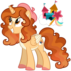 Size: 1684x1676 | Tagged: safe, artist:strawberry-spritz, oc, oc only, alicorn, pony, alicorn oc, beret, coat markings, colored belly, colored hooves, colored pinnae, colored wings, colored wingtips, cream belly, cream wingtips, curly mane, curly tail, cutie mark, eyelashes, facial markings, female, folded wings, grin, hat, hooves, horn, long mane, long tail, looking up, mare, oc redesign, orange coat, orange eyes, orange mane, orange tail, pale belly, pink hooves, ponysona, simple background, smiling, solo, standing, star (coat marking), star mark, stars, tail, transparent background, two toned wings, wings