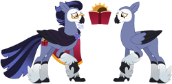 Size: 1280x631 | Tagged: safe, artist:strawberry-spritz, oc, oc only, oc:solstice eclipse, classical hippogriff, hippogriff, bald face, beak, black hooves, black wingtips, blaze (coat marking), blue coat, brooch, cape, clothes, coat markings, colored claws, colored hooves, colored wings, colored wingtips, cutie mark on hippogriff, eye markings, facial markings, glasses, gradient mane, gradient tail, hippogriff oc, hooves, jewelry, leg fluff, male, oc redesign, orange eyes, reference sheet, short mane, simple background, smiling, socks (coat markings), solo, tail, transparent background, two toned mane, two toned tail, two toned wings, wings