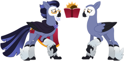 Size: 1280x631 | Tagged: safe, artist:strawberry-spritz, oc, oc only, oc:solstice eclipse, classical hippogriff, hippogriff, g4, bald face, beak, black hooves, black wingtips, blaze (coat marking), blue coat, brooch, cape, clothes, coat markings, colored claws, colored hooves, colored wings, colored wingtips, cutie mark on hippogriff, eye markings, facial markings, glasses, gradient mane, gradient tail, hippogriff oc, hooves, jewelry, leg fluff, male, oc redesign, orange eyes, reference sheet, short mane, simple background, smiling, socks (coat markings), solo, tail, transparent background, two toned mane, two toned tail, two toned wings, wings