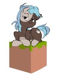 Size: 983x1280 | Tagged: safe, artist:mattchaz, derpibooru exclusive, oc, oc only, oc:infinite noodles, earth pony, pony, lidded eyes, looking at you, lying down, minecraft block, simple background, solo, white background