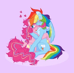 Size: 1623x1598 | Tagged: safe, artist:sparjechkaa, pinkie pie, rainbow dash, earth pony, pegasus, pony, g4, colored wings, curly mane, duo, duo female, eyes closed, female, headcanon, hug, lesbian, looking back, multicolored wings, old art, one eye closed, rainbow power, rainbow power-ified, rainbow wings, ship:pinkiedash, shipping, wings