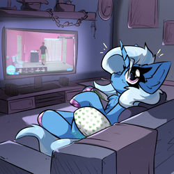 Size: 2000x2000 | Tagged: safe, artist:jubyskylines, trixie, pony, unicorn, g4, blushing, boxers, chest fluff, clock, clothes, colored hooves, couch, ear fluff, eating, female, food, hooves, horn, ice cream, jerma985, looking at you, looking back, looking back at you, mare, mouth hold, solo, spoon, television, underwear, unshorn fetlocks