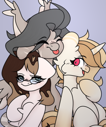 Size: 899x1080 | Tagged: safe, artist:lili, pegasus, pony, unicorn, embrace, eyes closed, eyes open, glasses, gradient background, happiness, horn, hug, joy, photo, tail, trio