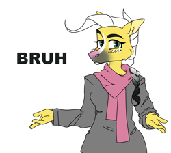 Size: 1900x1700 | Tagged: safe, artist:sparjechkaa, oc, oc only, anthro, braid, bruh, clothes, eyebrows, female, furry, gift art, looking at you, old art, scarf, simple background, solo, white background, yellow coat