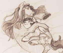 Size: 3112x2628 | Tagged: safe, artist:miss_glowwormis, oc, oc only, oc:solid punch, oc:spicy stir, earth pony, pegasus, duo, duo male and female, earth pony oc, female, hug, hugging a pony, husband and wife, lying down, male, monochrome, on side, pair, pegasus oc, shipping, size difference, sketch, sleeping, sleeping together, smaller female