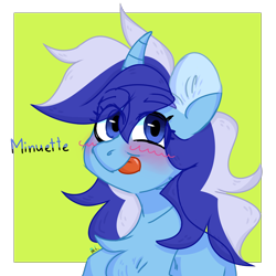 Size: 1500x1500 | Tagged: safe, artist:sparjechkaa, minuette, pony, unicorn, g4, abstract background, blushing, bust, eyebrows, eyebrows visible through hair, female, goofy, horn, looking at you, old art, partially transparent background, silly, silly pony, solo, tongue out