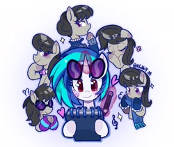 Size: 1982x1674 | Tagged: safe, artist:rlabbiy, dj pon-3, octavia melody, vinyl scratch, earth pony, pony, unicorn, g4, alternate hairstyle, blushing, clothes, color outline, drawing, dress, duo, duo female, eyes closed, female, flower, glasses, glasses off, gloves, glowing, glowing horn, heart, hoof hold, horn, leg warmers, lesbian, levitation, lofter, magic, magic aura, mare, notepad, pencil, question mark, red eyes, scarf, ship:scratchtavia, shipping, simple background, sparkles, striped leg warmers, telekinesis, white background, wrong eye color