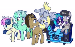 Size: 3149x1984 | Tagged: safe, artist:rlabbiy, bon bon, derpy hooves, dj pon-3, doctor whooves, lyra heartstrings, octavia melody, sweetie drops, time turner, vinyl scratch, earth pony, pegasus, pony, unicorn, g4, arm around back, background six, blushing, crossed hooves, crossed legs, female, flying, glowing, glowing horn, hoof heart, horn, looking at each other, looking at someone, magic, magic aura, making music, male, mare, one eye closed, one eye open, open mouth, open smile, raised hoof, scrunchy face, simple background, sitting, smiling, smiling at each other, smiling at someone, spread wings, stallion, telekinesis, underhoof, upside down, white background, wings, wink, wubcart