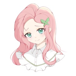 Size: 1000x1000 | Tagged: safe, artist:xiaoqiu82626, fluttershy, human, g4, blushing, bust, hairpin, humanized, portrait, simple background, smiling, solo, white background