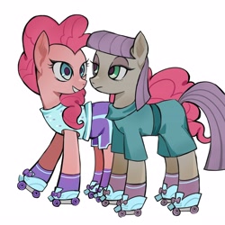 Size: 4252x4252 | Tagged: safe, artist:qianhe498, maud pie, pinkie pie, earth pony, pony, g4, absurd resolution, clothes, duo, duo female, female, grin, looking at each other, looking at someone, mare, roller skates, shirt, shorts, siblings, simple background, sisters, skates, smiling, white background