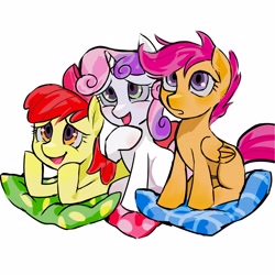 Size: 4252x4252 | Tagged: safe, artist:qianhe498, apple bloom, scootaloo, sweetie belle, earth pony, pegasus, pony, unicorn, g4, cute, cutie mark crusaders, daaaaaaaaaaaw, female, filly, foal, horn, lying down, open mouth, pillow, prone, simple background, sitting on pillow, smiling, trio, trio female, white background