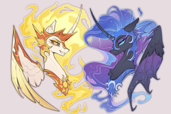 Size: 2400x1600 | Tagged: safe, artist:atardanto, daybreaker, nightmare moon, alicorn, pony, g4, bust, duo, duo female, fangs, female, gray background, grin, mare, portrait, royal sisters, siblings, simple background, sisters, slender, smiling, spread wings, sternocleidomastoid, thin, wings