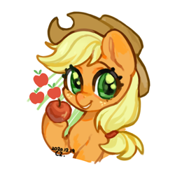 Size: 870x870 | Tagged: safe, artist:chengzi82020, applejack, earth pony, pony, g4, apple, applejack's hat, bust, cowboy hat, cute, female, food, freckles, grin, hairband, hat, hoof hold, jackabetes, lofter, looking at you, mare, portrait, simple background, smiling, smiling at you, solo, white background