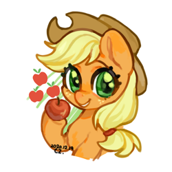 Size: 870x870 | Tagged: safe, artist:chengzi82020, applejack, earth pony, pony, g4, apple, applejack's hat, bust, cowboy hat, cute, female, food, freckles, grin, hairband, hat, hoof hold, jackabetes, looking at you, mare, portrait, simple background, smiling, smiling at you, solo, white background