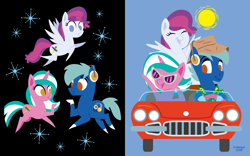 Size: 1440x900 | Tagged: safe, artist:tim-kangaroo, oc, oc only, oc:blank canvas, oc:hoof beatz, oc:mane event, earth pony, pegasus, pony, unicorn, 2018, bronycon mascots, car, chevrolet, chevrolet corvette, earth pony oc, female, horn, male, mare, pegasus oc, pointy ponies, stallion, sunglasses, trio, unicorn oc