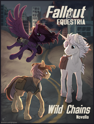 Size: 2500x3300 | Tagged: safe, artist:yarugreat, oc, oc only, earth pony, pegasus, pony, unicorn, fallout equestria, city, earth pony oc, fallout equestria: wild chains, fanfic, fanfic art, fanfic cover, horn, pegasus oc, trio, unicorn oc