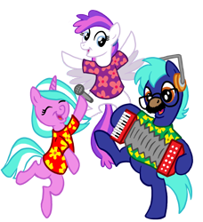 Size: 850x930 | Tagged: safe, artist:tim-kangaroo, oc, oc only, oc:blank canvas, oc:hoof beatz, oc:mane event, earth pony, pegasus, pony, unicorn, 2014, accordion, bronycon mascots, earth pony oc, female, groucho mask, horn, male, mare, microphone, musical instrument, pegasus oc, simple background, stallion, transparent background, unicorn oc