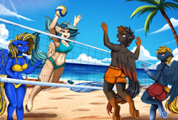 Size: 2891x1952 | Tagged: safe, artist:pridark, oc, oc only, oc:osteen, oc:peacher, oc:plasma volt, oc:scorched earth, pegasus, anthro, unguligrade anthro, beach, bikini, breasts, cleavage, clothes, female, male, palm tree, pegasus oc, sports, swimsuit, tree, volleyball, volleyball net