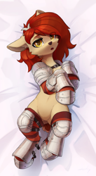 Size: 1647x3000 | Tagged: safe, artist:dipfanken, oc, oc only, oc:frieda, deer, armor, belly, deer oc, eyebrows, eyebrows visible through hair, looking at you, lying down, non-pony oc, on back, open mouth, solo