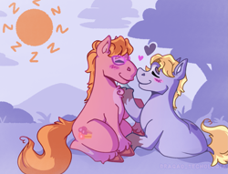 Size: 1739x1328 | Tagged: safe, artist:dragao_tecnologia, diggy, sander, earth pony, g5, blushing, digital art, duo, gay, glasses, heart, male, ship:diggysand, shipping, sun