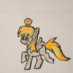 Size: 1408x1408 | Tagged: safe, artist:koidial, part of a set, derpy hooves, pegasus, pony, g4, craft, eyelashes, female, food, irl, lined paper, long description, mare, mixed media, muffin, papercraft, photo, raised hoof, raised leg, smiling, solo, spread wings, standing on two hooves, tail, traditional art, wings, yellow eyes, yellow mane, yellow tail