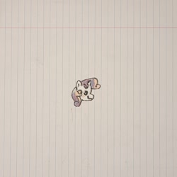 Size: 1374x1374 | Tagged: safe, artist:koidial, part of a set, sweetie belle, pony, unicorn, g4, craft, dot eyes, female, head only, horn, irl, lined paper, long description, mixed media, papercraft, photo, profile, smiling, solo, tiny, tiny ponies, traditional art, two toned mane, unicorn horn, wavy mouth, white coat