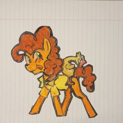 Size: 1428x1428 | Tagged: safe, artist:koidial, part of a set, boneless, cheese sandwich, earth pony, pony, g4, brown mane, brown tail, clothes, collared shirt, craft, curly mane, curly tail, green eyes, irl, lined paper, long description, long mane, long mane male, long tail, looking back, male, missing cutie mark, mixed media, orange coat, papercraft, photo, rubber chicken, shirt, smiling, solo, stallion, standing, tail, tongue out, traditional art