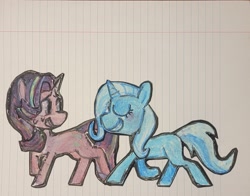 Size: 1863x1462 | Tagged: safe, artist:koidial, part of a set, starlight glimmer, trixie, pony, unicorn, g4, blue coat, blue mane, blue tail, blushing, craft, duo, duo female, eyes closed, female, horn, irl, lined paper, long description, looking at someone, mare, missing cutie mark, mixed media, nervous, nervous smile, papercraft, photo, pink coat, purple eyes, raised hoof, raised leg, smiling, smiling at someone, sweat, sweatdrop, tail, traditional art, two toned mane, two toned tail, unicorn horn, walking