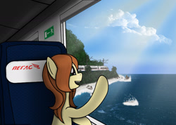 Size: 1402x1000 | Tagged: safe, artist:subway777, oc, oc only, pony, ocean, solo, train, water