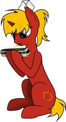 Size: 571x1050 | Tagged: safe, artist:subway777, oc, oc only, oc:tatra, pony, unicorn, bangs, gray eyes, hoof hold, horn, looking at something, model train, open mouth, open smile, ponified, ponytail, red coat, self paradox, simple background, sitting, slender, smiling, solo, tail, thin, tied mane, train, tram, transparent background, unicorn horn, unicorn oc, yellow mane, yellow tail