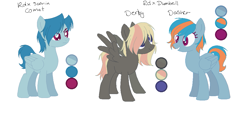 Size: 1093x495 | Tagged: safe, artist:selenaede, artist:trollertnt, oc, oc only, oc:comet, oc:dasher, oc:derby, pegasus, pony, g4, base used, blue coat, blue mane, blue tail, color palette, colored eyebrows, colored eyelashes, colored pupils, female, folded wings, frown, gray coat, hair over eyes, half-siblings, magenta eyelashes, magenta eyes, magenta pupils, male, mare, narrowed eyes, next generation, oc redesign, offspring, open mouth, open smile, parent:dumbbell, parent:rainbow dash, parent:soarin', parents:dumbdash, parents:soarindash, pegasus oc, pink eyes, pixel-crisp art, purple eyelashes, purple eyes, purple pupils, siblings, simple background, sisters, smiling, spread wings, stallion, standing, tail, text, trio, two toned mane, two toned tail, white background, wings