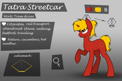 Size: 3000x2000 | Tagged: safe, artist:subway777, oc, oc only, oc:tatra streetcar, pony, unicorn, color palette, gradient background, gray eyes, horn, long legs, looking up, ponytail, raised hoof, red coat, reference sheet, solo, standing on three hooves, tail, text, tied mane, unicorn oc, white text, yellow mane, yellow tail