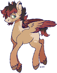 Size: 738x934 | Tagged: safe, artist:beyhr, oc, oc only, oc:gingersky, pegasus, pony, artfight, bags under eyes, beauty mark, blank flank, blaze (coat marking), brown coat, brown hooves, coat markings, colored eartips, colored hooves, colored muzzle, colored wings, ear piercing, earring, facial hair, facial markings, gift art, green eyes, hooves, jewelry, lidded eyes, long legs, looking back, male, pale muzzle, partially open wings, pegasus oc, piercing, profile, red wingtips, short tail, signature, simple background, smiling, solo, spiky mane, stallion, tail, transparent background, two toned mane, two toned tail, two toned wings, unshorn fetlocks, wing fluff, wings