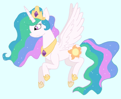 Size: 1858x1517 | Tagged: safe, artist:cmara, princess celestia, alicorn, pony, g4, blue background, crown, ethereal mane, female, flying, jewelry, regalia, simple background, solo, sparkling mane