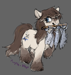 Size: 563x600 | Tagged: safe, artist:purple-blep, oc, oc only, oc:frosty flakes, fish, pony, yakutian horse, brown background, female, mare, simple background, solo, tan coat