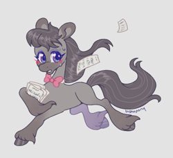 Size: 2048x1866 | Tagged: safe, artist:bishopony, octavia melody, earth pony, pony, g4, alternate design, alternate mane color, alternate tail color, blue eyelashes, blush scribble, blushing, bowtie, coat markings, colored ears, colored eyelashes, colored hooves, colored pupils, dark muzzle, eyeshadow, facial markings, female, fetlock tuft, frown, gradient legs, gray background, gray coat, gray eyeshadow, gray hooves, hoof hold, hooves, lidded eyes, long mane, long tail, looking back, makeup, mare, missing cutie mark, paper, pink bow, purple eyes, requested art, running, sheet music, shiny mane, shiny tail, signature, simple background, socks (coat markings), solo, sweat, sweatdrop, tail, thin, unshorn fetlocks