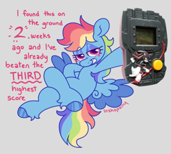 Size: 2048x1843 | Tagged: safe, artist:bishopony, rainbow dash, pegasus, pony, g4, blue coat, blue eyeshadow, blue wingtips, blush scribble, blushing, colored eyelashes, colored hooves, colored pupils, colored wings, colored wingtips, crossed legs, dialogue, eye clipping through hair, eyelashes, eyeshadow, female, fetlock tuft, flying, gray background, hoof hold, hooves, lcd, lidded eyes, makeup, mare, mcdonald's happy meal toys, multicolored hair, multicolored mane, multicolored tail, pink eyes, pink text, purple eyelashes, purple pupils, rainbow dash being rainbow dash, rainbow hair, rainbow tail, raised hoof, requested art, sega, shadow grinder (video game), shadow the hedgehog, shiny hooves, signature, simple background, smiling, solo, sonic the hedgehog (series), spread wings, tail, talking, text, toy, two toned wings, wings