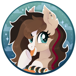 Size: 1920x1920 | Tagged: safe, artist:kabuvee, oc, oc only, oc:ryolit, pony, bust, female, food, mare, nom, portrait, solo, sushi