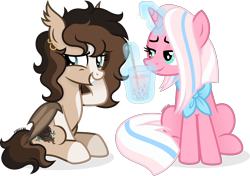 Size: 4344x3061 | Tagged: safe, artist:cirillaq, clear sky, oc, oc:ryolit, bat pony, pony, unicorn, g4, bat pony oc, bubble tea, drink, duo, horn, magic, simple background, transparent background, vector